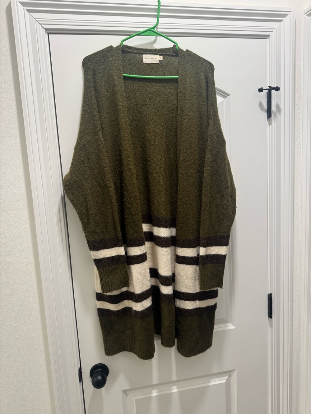 Dreamers Women’s M/L Long Open Front Cardigan Olive Green Striped Cozy Sweater